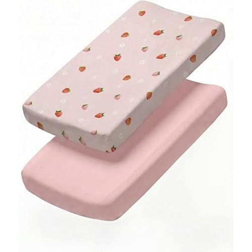 Changing Pad Cover - Pack of 2 Soft Unisex Diaper Change Microfiber Table Sheets - Fits 32"x16" Contoured Pad - Changing Pad Cover for Baby Boys and Girls - Machine Washable - Oeko-Tex, Strawberries