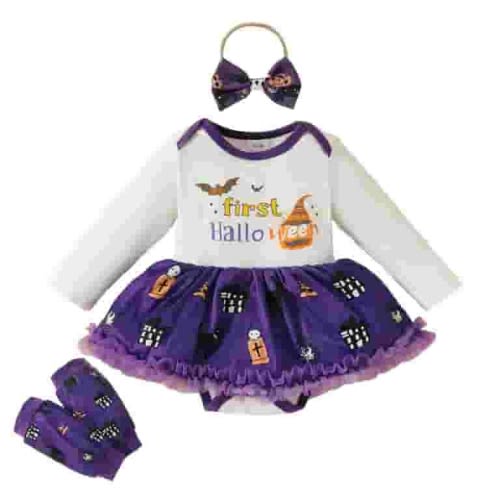 GYRATEDREAM Baby Girl Halloween Outfit Newborn Long Sleeve Romper Skirt Set Toddler Bodysuit Overall Dress Jumpsuits Headband Fall Winter Cute Clothes 3 Pcs Set for 3-6M Purple