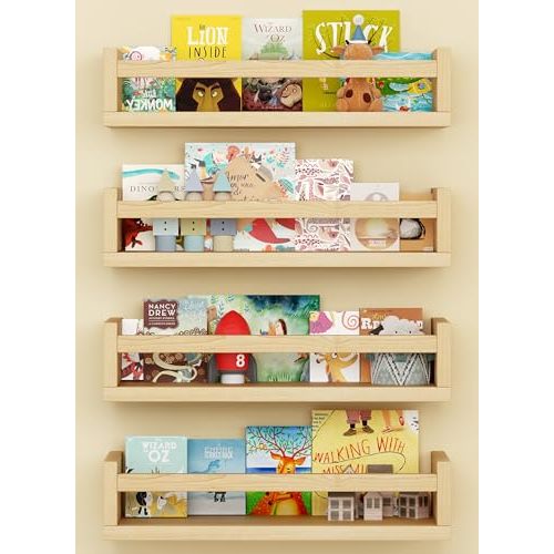 Onlysky Set of 4 Wall-Mounted Kid's Bookshelf - Wood Floating Nursery Book Shelves - Durable Wood Construction - Ideal for Nursery Decor, Kids Room, Toy Storage