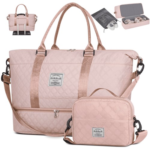 Weekender Bags for Women, Travel Duffel Bags with Shoe Compartment, Personal Item Travel Bag Weekender Overnight Bag Set Hospital Bags with Wet Pocket and Toiletry Bag for Labor and Delivery - Pink