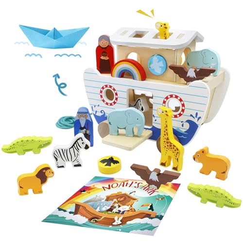 bpmfkid Noah's Ark Wooden Toy Set, Educational Wooden Animal Toys for Toddlers, Montessori Shape Sorter Educational Toys, Bible Story Engagement & Perfect Baptism, Christening Gift for 2-4 Y