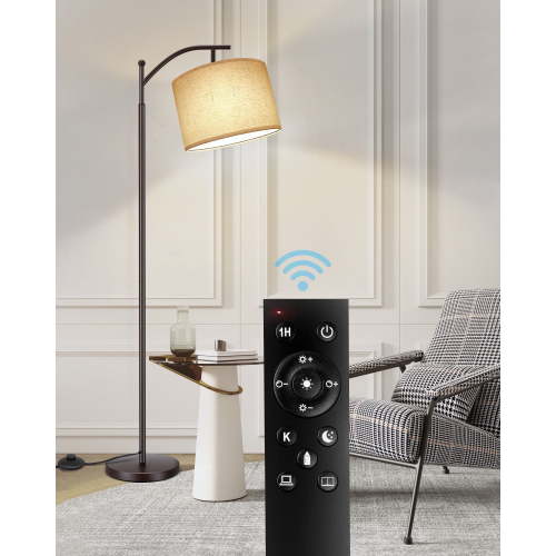 OUTON 63" Modern Dimmable Arc Floor Lamp with Remote for Living Room, Tall Standing Lamp with Hanging Linen Shade, Metal Floor Lamp with 3 Color Temperatures LED Bulb for Bedroom Ofiice(Brown)
