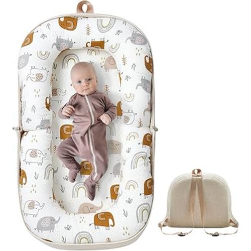Baby Lounger, Foldable Baby Travel Bassinet with Soft Memory Foam Mat, Converts to Backpack Baby Travel Nest for Newborn Infant Babies 0-12 Months (Rainbow Elephant)