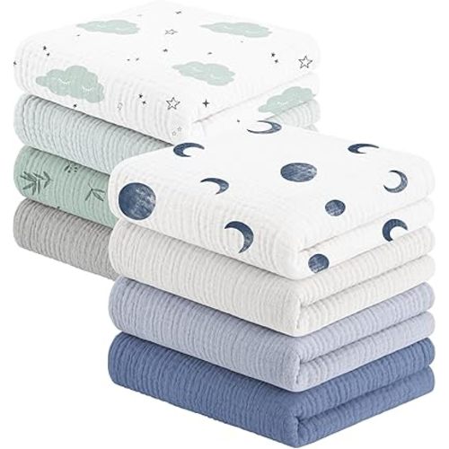 Susurration Muslin Cloths Baby Burp Cloths, Pack of 8, 100% Cotton Burp Cloths Baby for Boys and Girls, Soft, Breathable and Extremely Absorbent Muslin Cloth for Baby 60 x 60 cm（Blue Green）