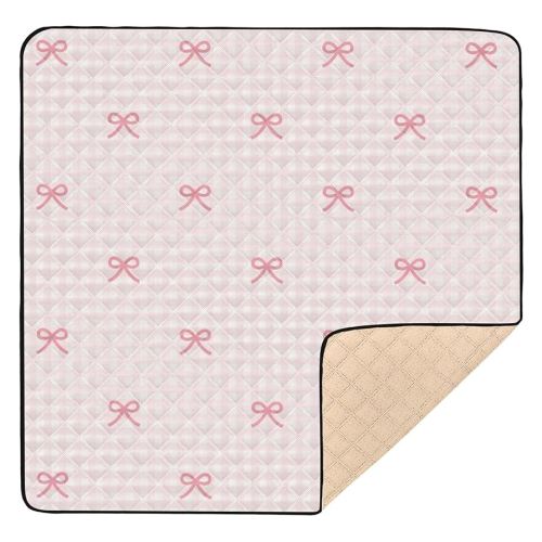 Baby Play Mat Pink Checkered and Bows 50 x 50 Playpen Mat Baby Play Mats for Floor Play Gym Crawling Mat Non-Slip Cushioned Baby Playmat for Infants, Babies, Toddlers
