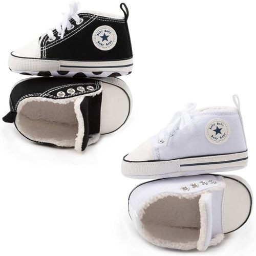 KIDSUN Unisex Baby Boys Girls High Top Sneaker Soft Anti-Slip Sole Newborn Infant First Walkers Canvas Denim Shoes - 6-12 Months Infant - B01/2 Pairs/Black Plush+white Plush