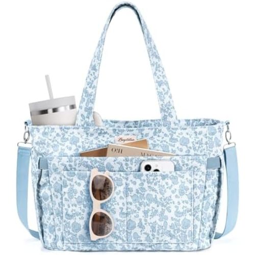 Corduroy Tote Bag for Women, 17 Pockets Laptop Work Tote Lightweight Teacher Nurse Bible Shoulder Bag for School Daily Travel