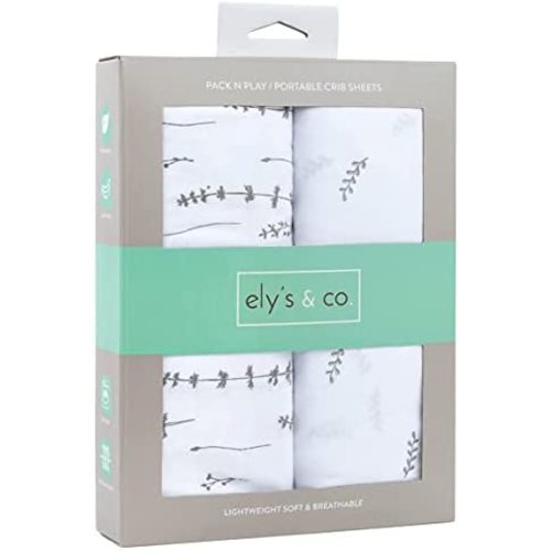 Ely's & Co Pack n Play Sheet Set 100% Jersey Cotton Playard, Forest Grey Floral and Leaves
