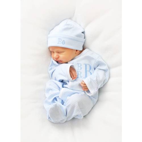 Baby boy coming home outfit, baby gift, Monogrammed footie, Monogrammed sleeper, blue mini stripes