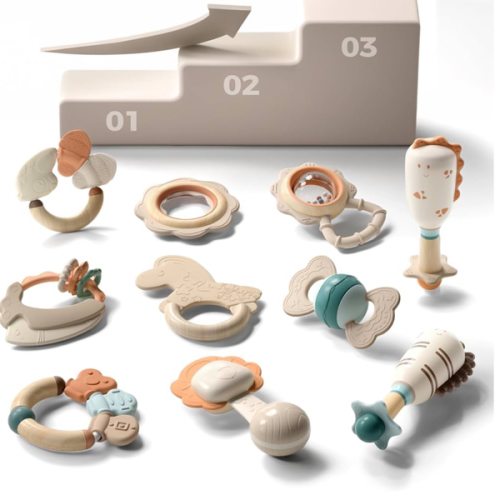 Evoceler Softness Staged Teething Toys (30° Super Soft, 50° Soft, 70° Regular) for Baby Teething Relief - 10 Pcs Pacifier-Grade Silicone Rattle Teethers for Babies 2-5, 5-9, 9-18+ Months, BPA Free