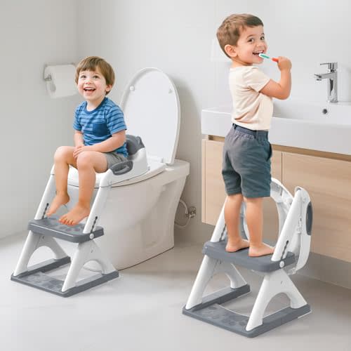 SKYROKU Potty Training Seat for Toddlers – 2-in-1 Adjustable Potty Ladder with Step Stool, Anti-Slip Cushion, Splash Guard & Extra-Wide Pedals, Supports 200+ lbs, Ideal for Boys & Girls (Pink)