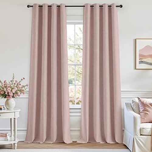 HOMEIDEAS 100% Blush Pink Linen Blackout Curtains for Bedroom, 52 x 96 Inch Length 2 Panels Faux Linen Thermal Insulated Black Out Grommet Window Drapes for Living Preppy Room Decor，Nursery