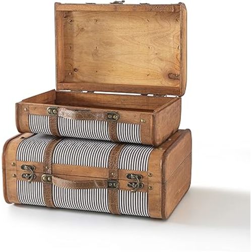 SLPR Wooden Striped Vintage Suitcases - Set of 2, Retro Luggage Décor, Antique Decorative Storage Chests with Lids, Old Style Wood Travel Trunks for Home Décor