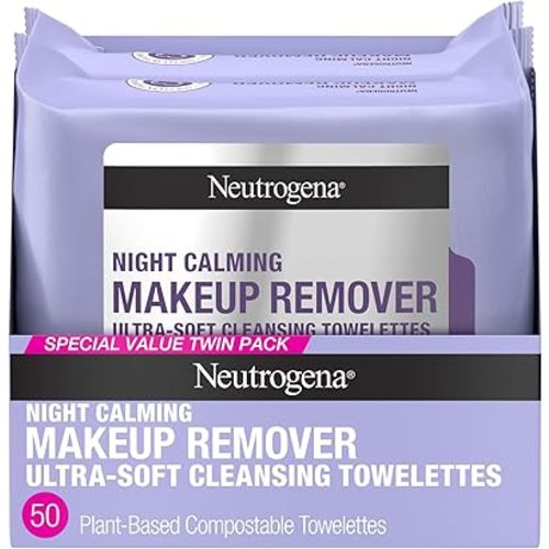 Neutrogena Night Calming Makeup Remover Face Wipes, Nighttime Cleansing Towelettes Remove Sweat, Dirt & Makeup & Calms Skin, Hypoallergenic, 100% Plant Based Cloth, 50 Count (2 Packs of 25)