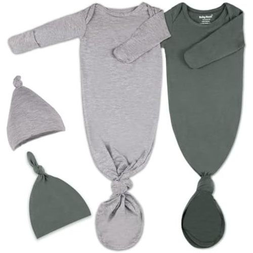 2Pack Knotted Gown Baby, Super Soft Long Sleeve Newborn Hospital Outfit Boy Girl Coming Home, Built-In Mittens Clothes