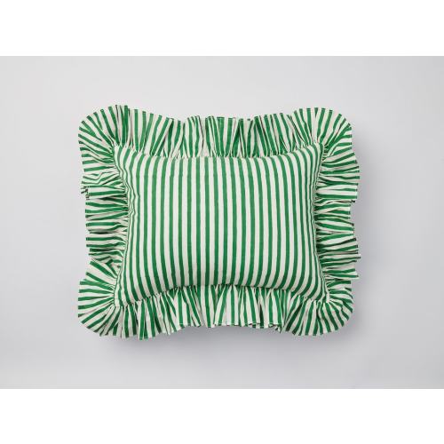 Green Stripe Ruffle Blockprint Mini Cushion