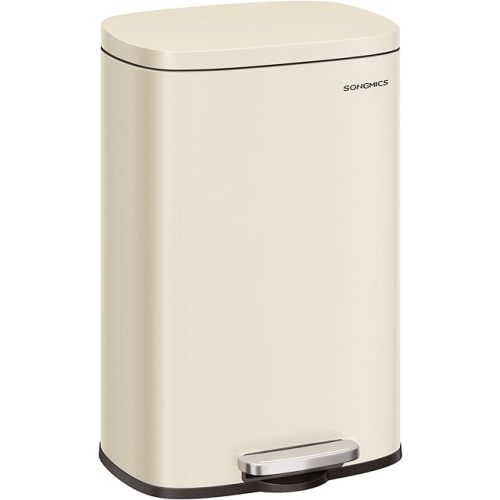SONGMICS 13 Gallon (50 L) Trash Can, Stainless Steel Kitchen Garbage Can, Recycling or Waste Bin, Soft Close, Step-On Pedal, Removable Inner Bucket, Sand Beige ULTB050A01
