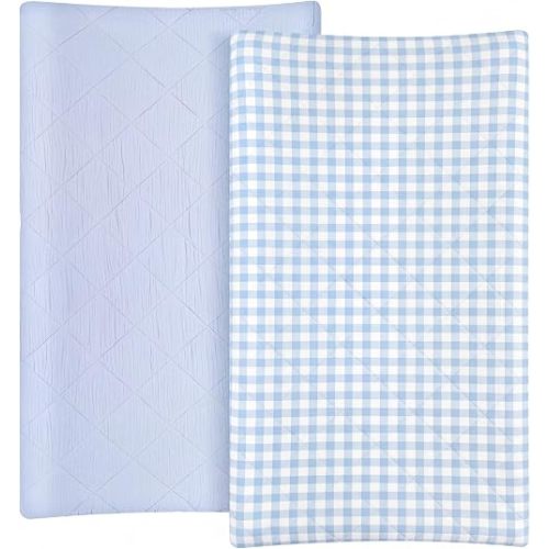 Frienda 2 Pack Blue Gingham Changing Pad Covers Waterproof Muslin Changing Pad Covers 32 x 16 Inch Coquette Quilted Cotton Fitted Diaper Sheet Breathable Extra Thick Sheets for Baby Boys