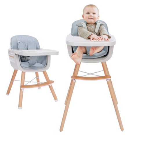 Mallify 3-in-1 Convertible Wooden High Chair, High Chairs for Babies and Toddlers, Baby High Chair with Adjustable Legs & Dishwasher Safe Tray, Made of Sleek Hardwood & Premium Leatherette, Blue