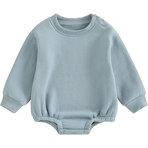 Baby Boy Girl Fleece Sweatshirt Romper Solid Color Long Sleeve Sweater Bubble Onesie Warm Fall Winter Clothes