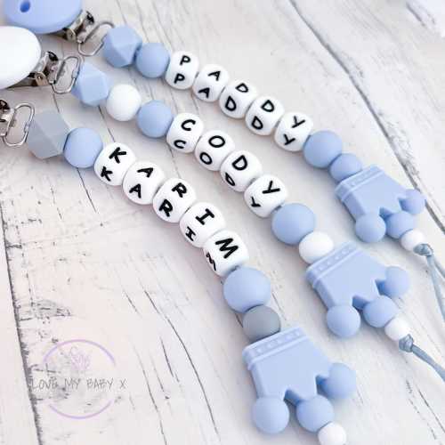 Personalised Blue Crown Silicone Dummy Clip: Newborn Pacifier Chain, Name Dummy holder, Comforter Clip, MAM soother Strap