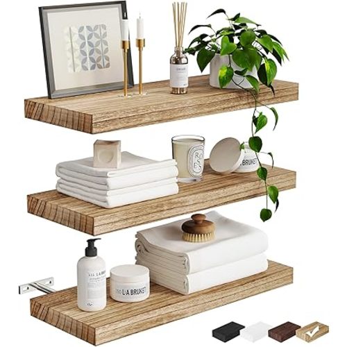 Greenual 3 Packs Floating Shelves for Wall, Nature Wood Wall Shelf, 16" Wall Mounted Floating Shelf for Kitchen, Living Room, Bedroom, Bathroom Storage, Book Shelf for Wall Home Decor, Frame Display