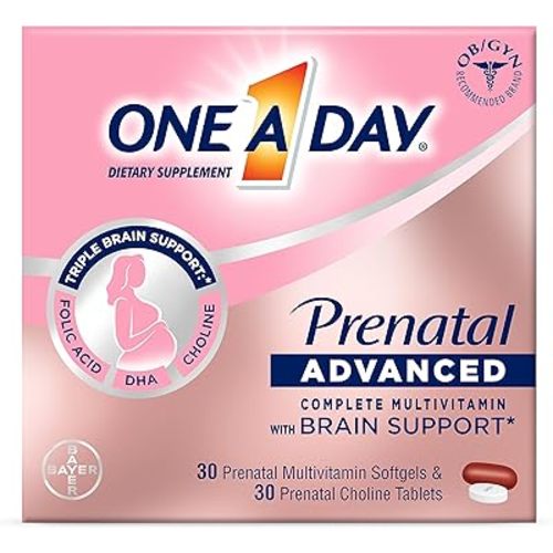 One A Day Womens Prenatal Advanced Complete Multivitamin with Brain Support* with Choline, Folic Acid, Omega-3 DHA & Iron for Pre, During and Post Pregnancy, 30+30 Count (60 Total Set)