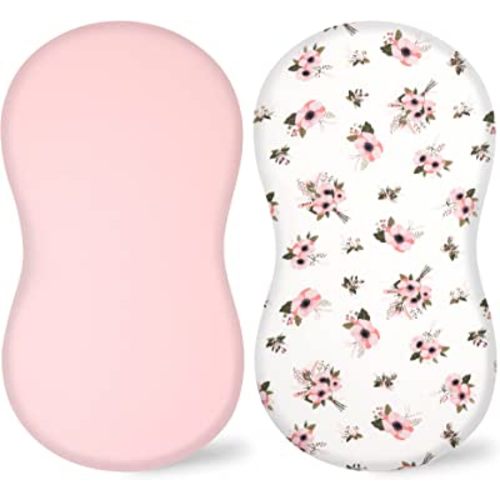 TILLYOU Cotton Fitted Bassinet Sheets for Baby Boy Girl, Fit for Halo Bassinet Swivel Sleeper, Adapt to Hourglass Bassinet Mattress Sheet, 31.5'' x 18'', 2 Pack Floral & Pink