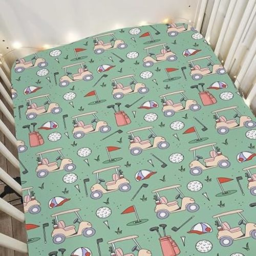 Green Golf Baby Crib Sheets for Boy Girl 52x28Inch Sports Golfing Soft Snug Fitted Crib Mattress Cover Golf Clubs Bag Balls Nursery Baby Sheet for Crib & Toddler Bed Mattresses Golf Lovers Gift
