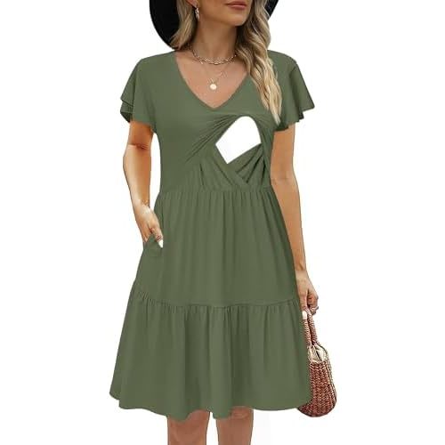 Women's Maternity Nursing Dress Ruffle Cap Sleeve Breastfeeding with Pockets