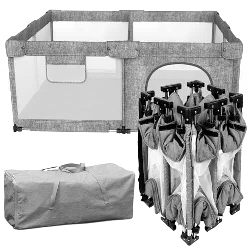 Foldable Baby Playpen with Gate, Extra Large Collapsible Play Yard for Babies & Toddlers, Portable Travel Playpen, Baby Activity Center for Indoor & Outdoor Use (Grey 51"×51")