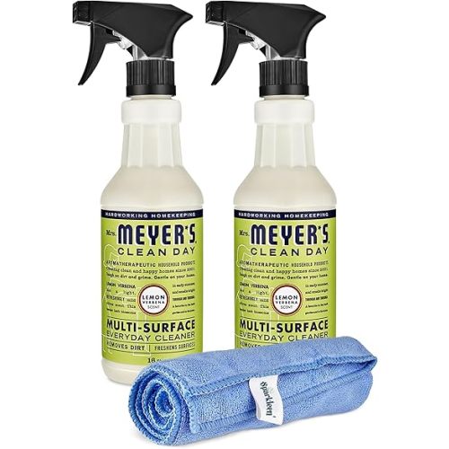 Mrs. Meyers Multi-Surface All Purpose Cleaner Set, Multi-Purpose Cleaner 2 Pack 16 oz. Lemon Verbena Spray and Cloth Set Bundle for Bathroom, Living Room or Bedroom,