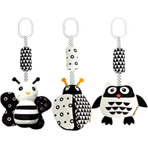 AIPINQI 3 Pack Hanging Rattle Toys,High Contrast Baby Toys and Plush Stroller Toys for Babies 0-18 Months,Newborn Car Seat Toys with Black and White Cartoon Shapes,(Ladybug,Bee & Owl)
