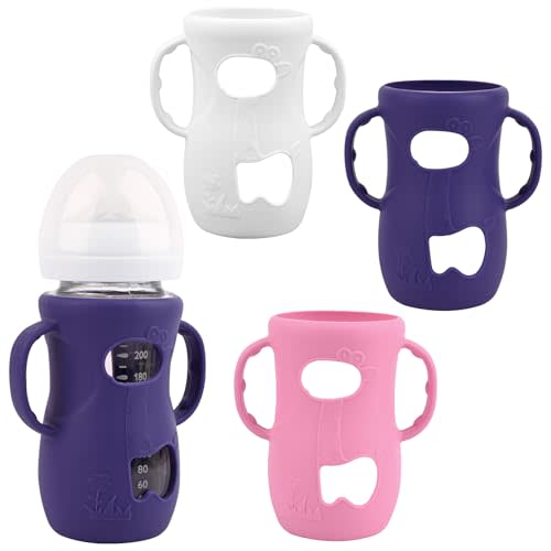 3 Pack Silicone Sleeves for Avent Natural Glass Baby Bottles, Anti Breakage Baby Bottle Sleeves with Handles, Compatible Philips Avent Glass Natural Baby Bottle 8 oz(White+Pink+Purple)