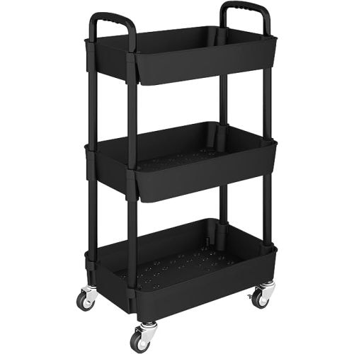 UDEAR 3-Tier Kitchen Rolling Utility Cart,Multifunction Storage Organizer with Handle and 2 Lockable Wheels for Kitchen,Bathroom,Living Room,Office,Black