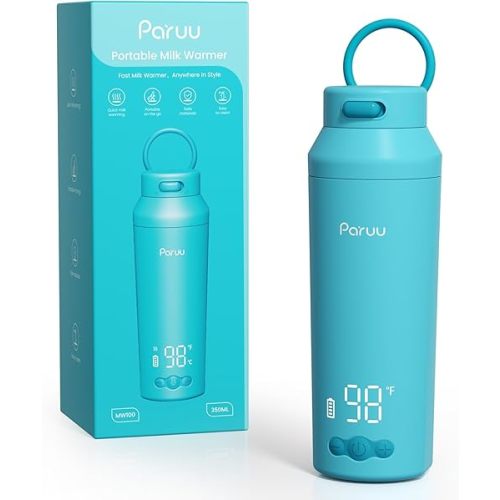Paruu Portable Bottle Warmer for Travel, Easy-Clean Wide Mouth, Portable Milk Warmer with Fast Heating for Night Feeding, 7-Temp Control, Large 12oz Capacity, Ideal Gifts for New Parents, Blue
