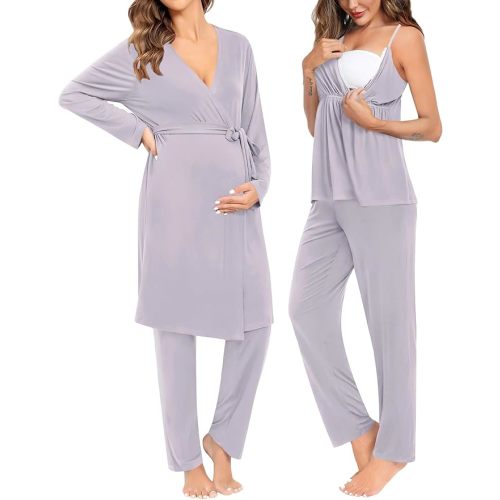 SWOMOG Maternity Nursing Robe Set 3 Piece Breastfeeding Pajamas 3 in 1 Labor Delivery Sleevless Tops&Long Pants Pregnancy Pjs