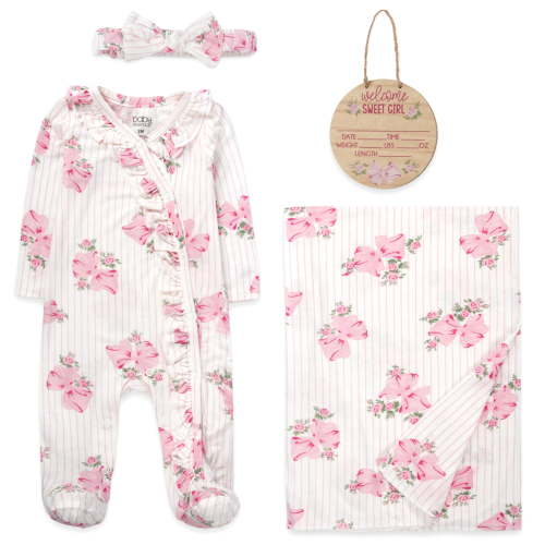 Baby Essentials 0 Months Newborn Girls Romper Footie Gift Set with Headband, Blanket & Wooden "Welcome Sweet Girl" Announcement Sign in Pink Floral