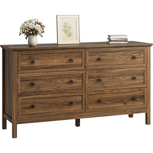 CARPETNAL 55" Walnut Dresser for Bedroom, 6 Drawer Dresser with Wide Drawer and Metal Handles, Wood Dressers & Chests of Drawers for Hallway, Entryway.