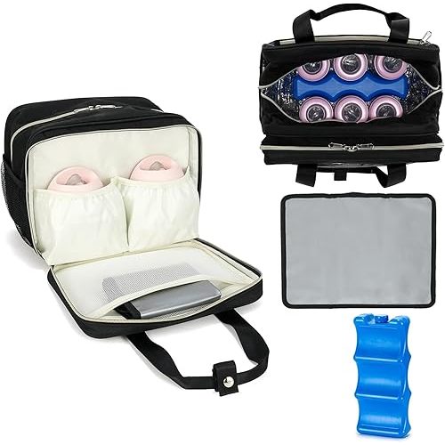 Breastmilk Cooler Bag with Ice Pack,Fits 6 Baby Bottles Up to 9 Ounce Breast Milk Cooler Travel Bag Compatible with Wearable Breast Pumps & Accessories for Nursing Mom Daycare Black