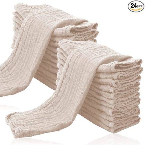24 Pack Muslin Burp Cloths for Baby - Ultra-Soft 100% Cotton Baby Washcloths - Large 20'' by 10'' Super Absorbent Milk Spit Up Rags - Burpy Cloths for Unisex, Boy, Girl - Brown