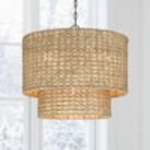 TRUE FINE Elis 20 in. 4-Light Natural Rattan Traditional Drum Pendant Light Black Canopy TD10024C