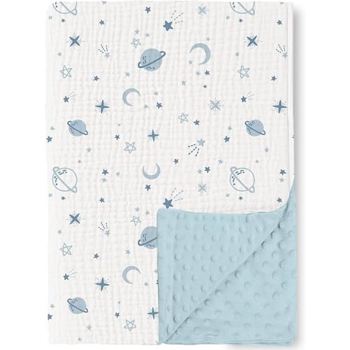 Space - Konssy Baby Blankets, Super Soft Nursery Minky Blankets with Muslin Cotton Front and Dotted Fleece Backing, Printed Bed Throws Newborn