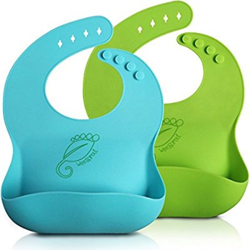 WeeSprout Silicone Bib | Baby & Toddler 2 Set | Keep Your Messy Kids Clean & Happy with Comfy, Adjustable, Waterproof, Wide Pocket Girl & Baby Boy Bibs That Stay Open, Catch The Mess & Rinse Spotless - Blue & Green