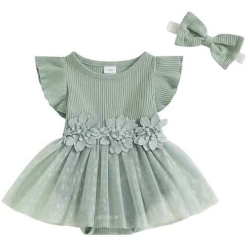 Hnyenmcko Newborn Baby Girl Summer Romper Dress Infant Fly Sleeve Flower Embroidery Mesh Tulle Skirt Hem Ribbed Bodysuit