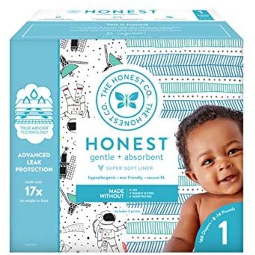 The Honest Company Super Club Box Diapers with TrueAbsorb Technology, Space Travel & Teal Tribal, Size 1, 160 Count