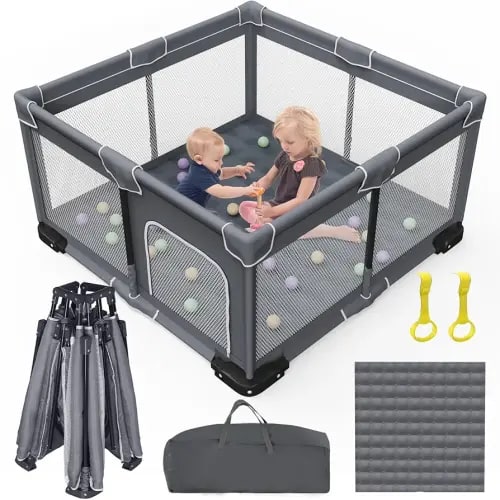 Foldable Baby Playpen with Mat, Foldable Playpen for Babies and Toddlers, Folding Portable Kids Play Pen, Collapsible Play Yard with 2 Handles + Suitable Size Mat(Grey, 50x50 inches)