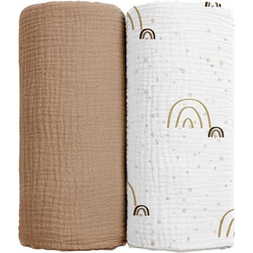 lulumoon Baby Muslin Swaddle Blankets: Soft Receiving Blanket for Newborn - Cotton Swaddling Blanket for Neutral 2Pack(Rainbow Brown)