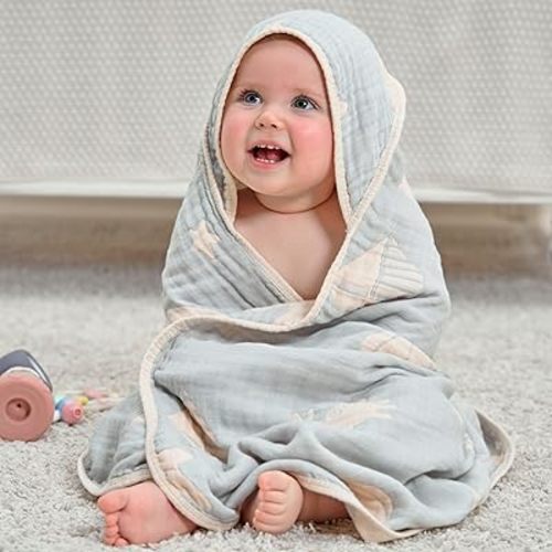 Ultra-Soft Muslin Baby Hooded Towel - 32 x 32 Inches, Crafted from Bamboo Viscose, Ideal for Bath & Beach, Suitable for Both Boys & Girls from Newborns to Toddlers