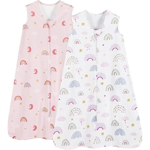 PHF 100% Organic Cotton Baby Sleep Sack, 6-12 Months Baby Wearable Blanket, 2-Way Zipper Infant Sleeping Sack for Baby Girls, 2 Pack Comfy Medium Size Sleeveless Sleeping Bags, Rainbow